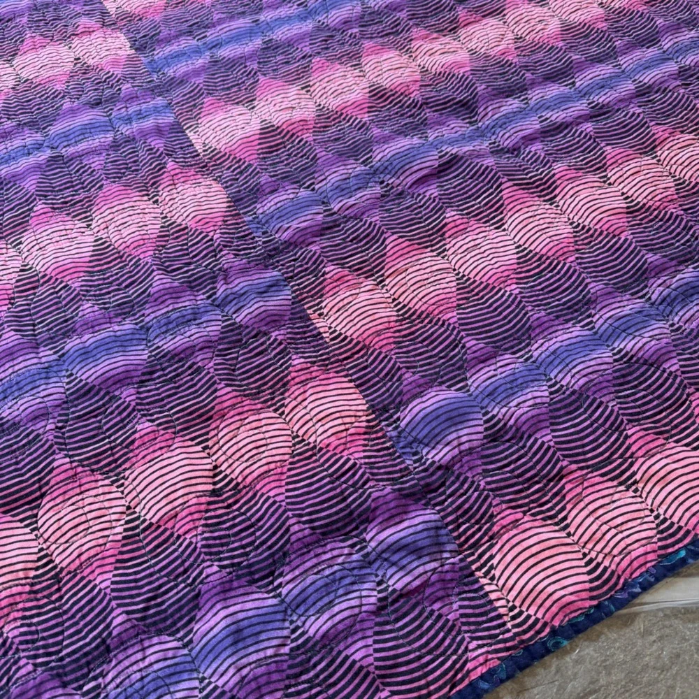 Handmade Vintage Quilt 76x54 Blue Teal Purple Log Cabin Patchwork Geometric 90s